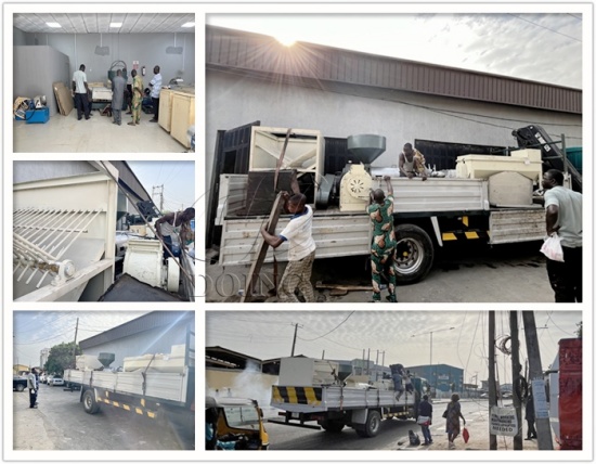 Nigerian customer went to DOING overseas warehouse for loading the small palm oil processing machines and palm kernel oil press machine